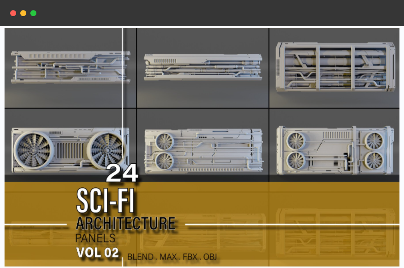模型资产 – 24 种科幻建筑模型包 24 + scifi architecture kitbash panels pack V02