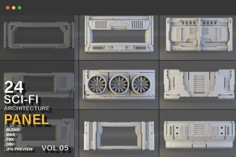 模型资产 – 24 种科幻建筑模型包 24 + scifi architecture kitbash panels pack vol 05