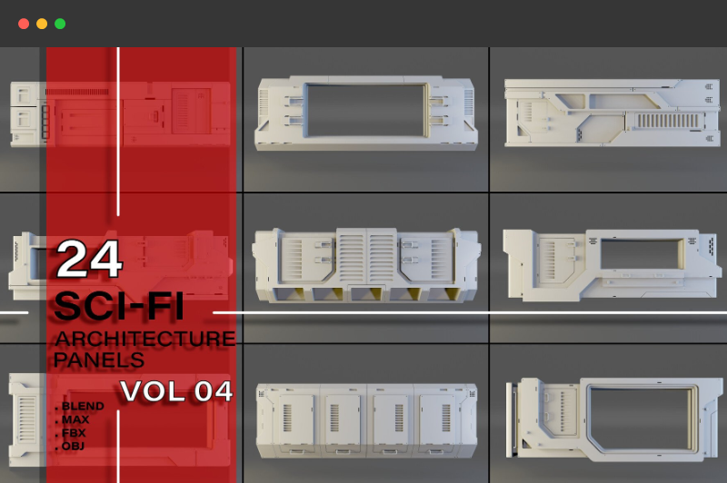 模型资产 – 24 种科幻建筑模型包 24 + scifi architecture kitbash panels pack vol 04