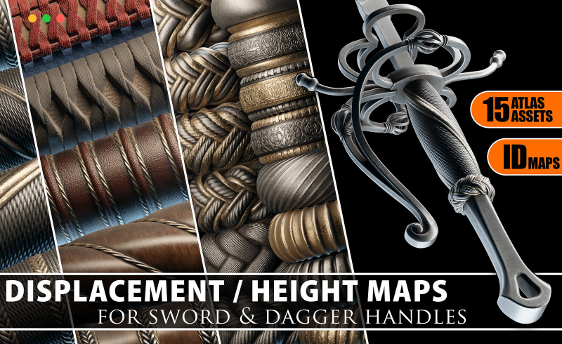武器握把置换贴图 Displacement / Heightmaps for Sword&Dagger handles Vol. 1