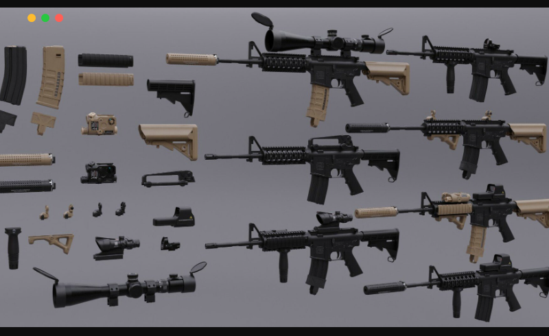 模型资产 – 机枪武器模型道具 M4 Carbine Rifle +14 Attachments pack