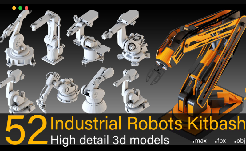 模型资产 – 52 个高细节工业机器人模型 52 Industrial Robots Kitbash- High detail 3d models