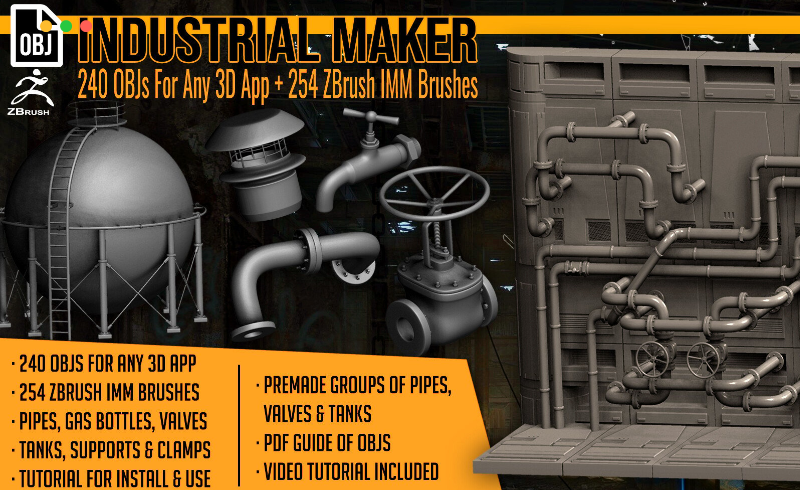 Zbrush笔刷 – 240 种管道阀门煤气罐模型 + ZB笔刷资产 Industrial Maker 240 OBJs and 254 ZBrush IMM Brushes