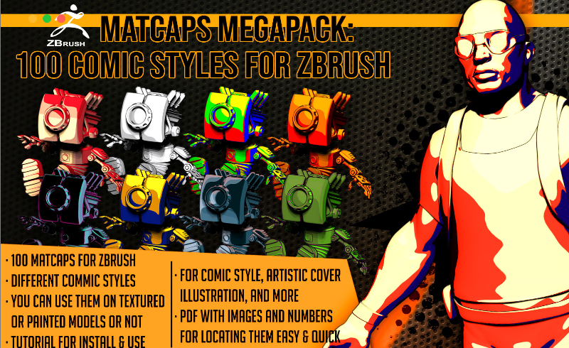 ZBrush插件 – 100 种漫画风格 Matcaps Megapack