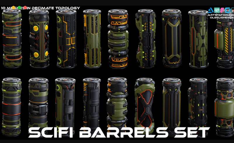 模型资产 – 风格化科幻模型 SciFi Barrels set