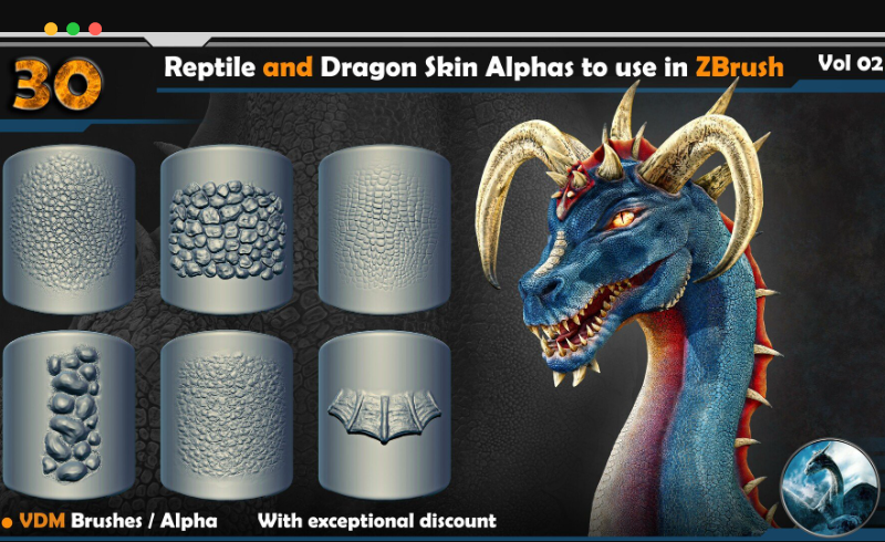 30 组爬行动物和龙鳞皮肤贴图素材 30 Reptile and Dragon Skin Alphas to use in ZBrush Vol 02