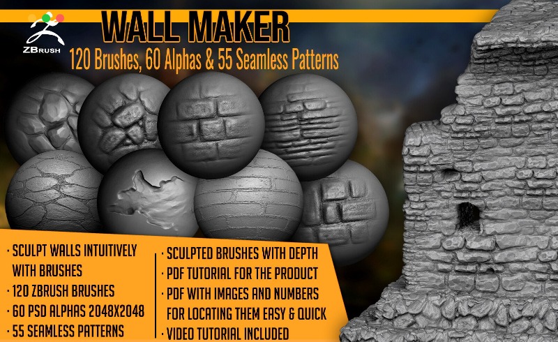 ZBrush笔刷 – 墙壁石砖笔刷包 Wall Maker 120 ZBrush Brushes, 60 Alphas, and 55 Patterns