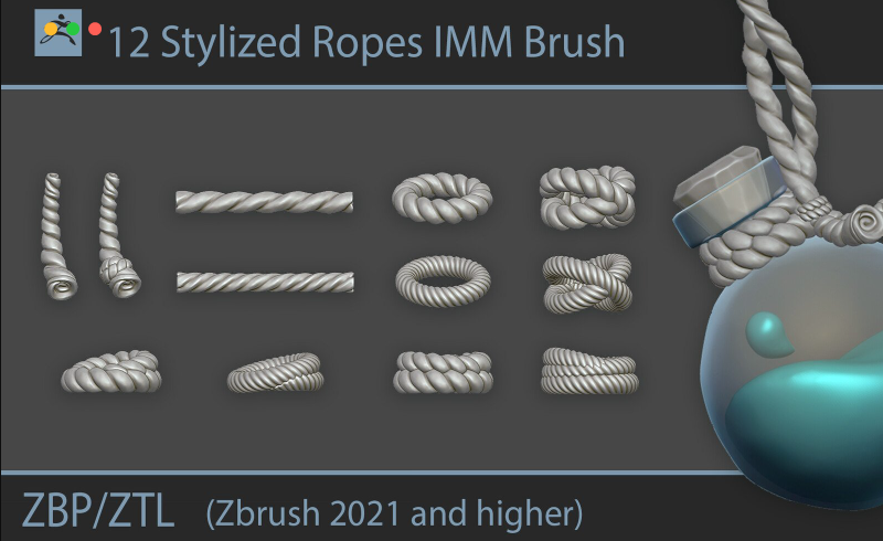 Zbrush笔刷 – 风格化绳索 IMM 刷子 Stylized Ropes IMM Brushes