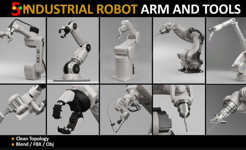 模型资产 – 5 个工业机器人手臂模型 5 Industrial Robot Arm and 5 tools