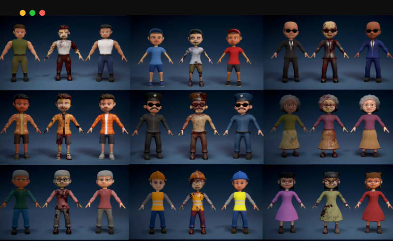 Unity – 14 个带皮肤的角色 Toon City (14 Characters with skins + Zombies Skins )