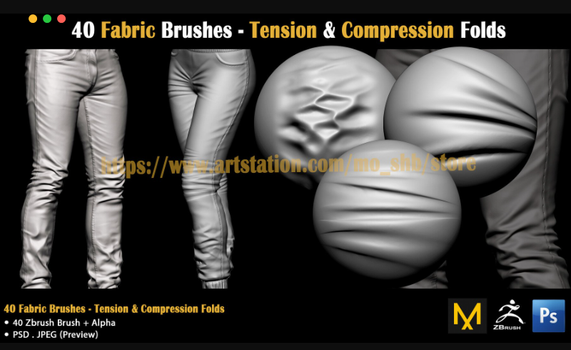 Zbrush笔刷 – 张力压缩褶皱素材 Fabric Brushes – Tension & Compression Folds