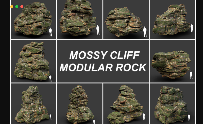 模型资产 – 10套洞穴悬崖岩石资产 Low poly Mossy Jungle Cliff Modular 3d model