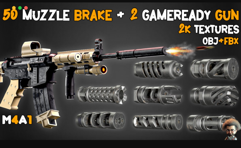 模型资产 – 50 支枪口消音器3D模型+纹理 50 Muzzle Brake + 2 Game Ready Gun + Textures