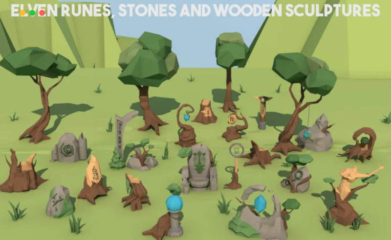 游戏石头和木制雕塑模型 ELVEN RUNES, STONES AND WOODEN SCULPTURES 3D LOW POLY MODELS
