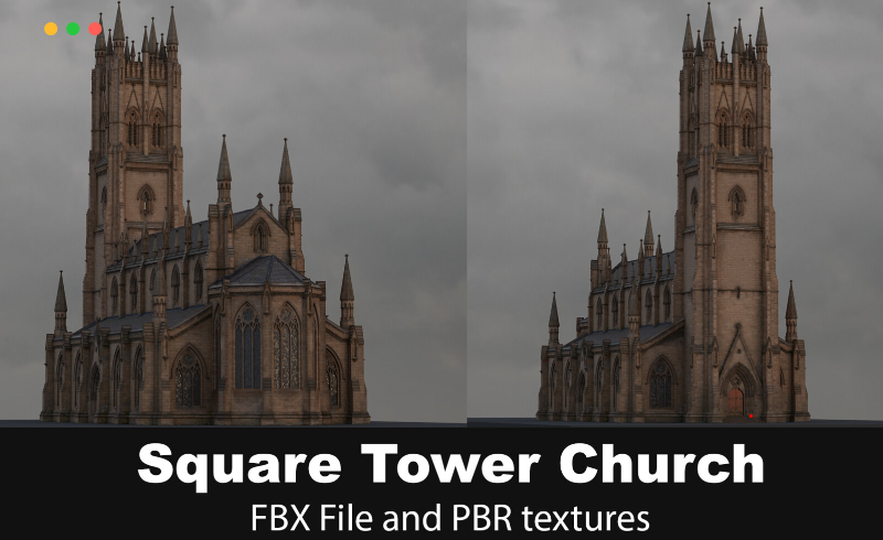 模型资产 – 哥特式教堂3D模型 Square Tower Gothic Church