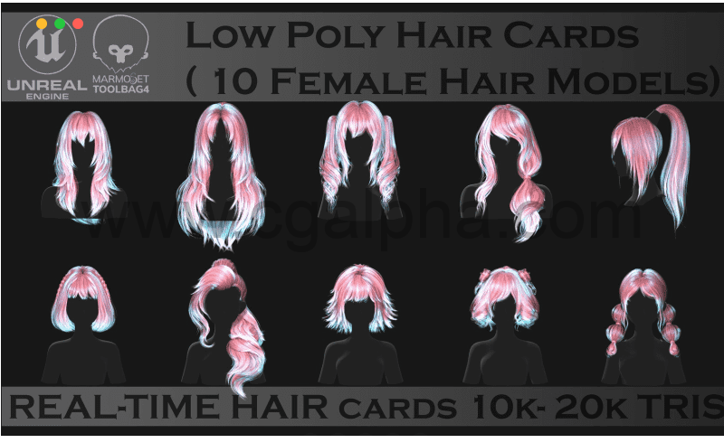 Marmoset toolbag10种发型资产 Hairstyle pack Vol3. Real-Time low poly cards
