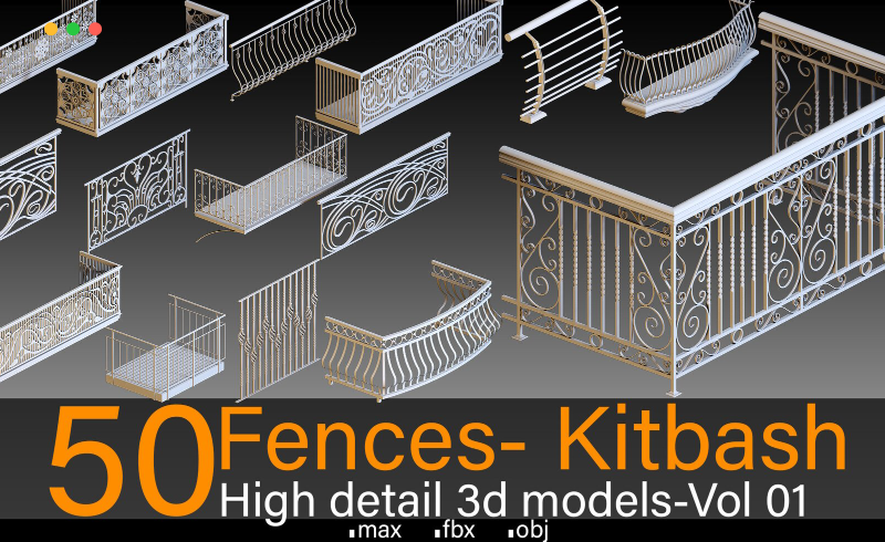 模型资产 – 50 种高细节窗台栏杆3D模型 50 Fences High detail 3d models v01