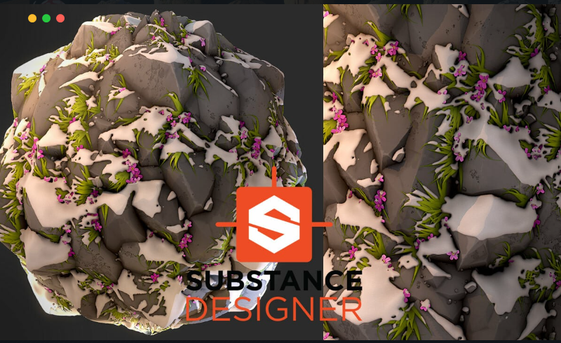 SD材质 – 风格化被雪覆盖的岩石悬崖 Stylized Snowy Rock Cliff with Flowers +教程