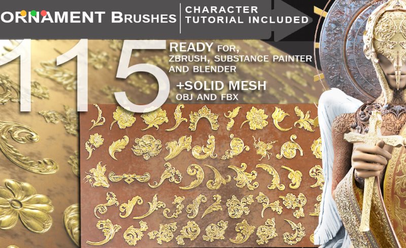 Zbrush教程 – 角色教程 +115 种装饰画笔 Zbrush Character Tutorial +115 Ornament Brushes