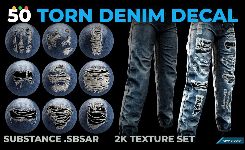 50 组撕裂牛仔裤纹理贴花 50 Torn Denim Decals – Substance .SBSAR + 2K Textures Set