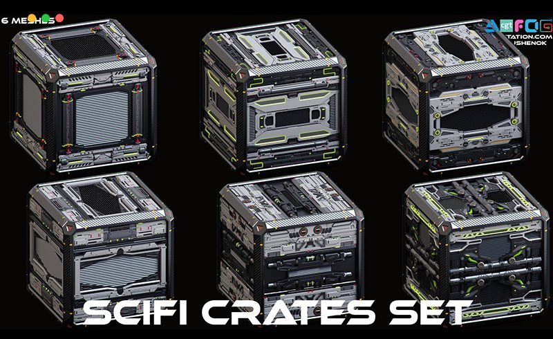 模型资产 – 6 组科幻硬表面箱子 SciFi Crates set