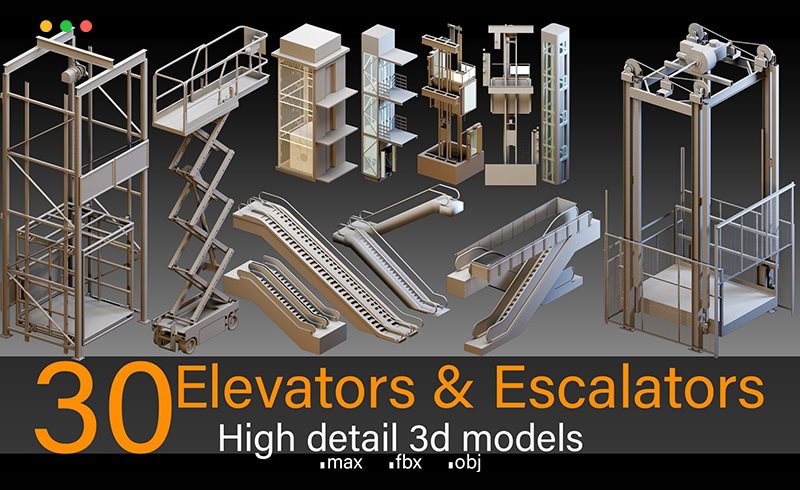 模型资产 – 30部高细节电梯和自动扶梯模型 Elevators & Escalators- High detail 3d models