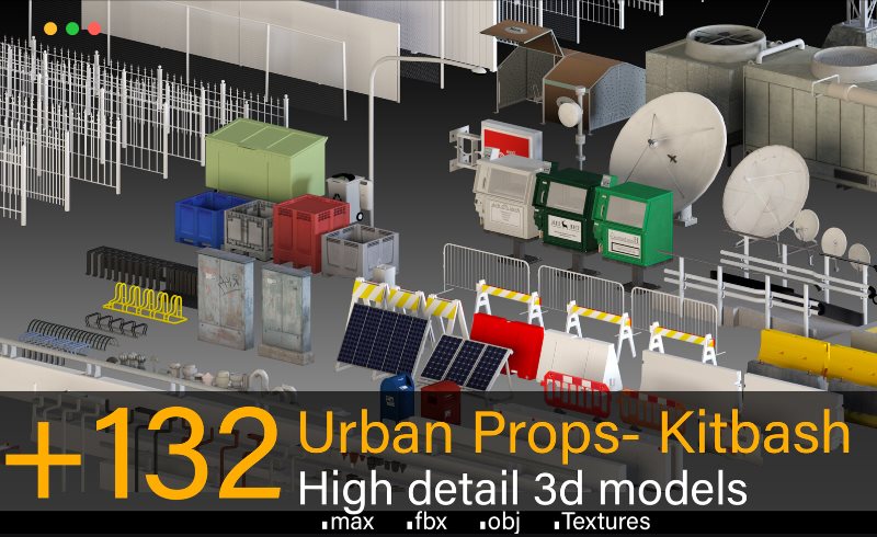 模型资产 – 132 种高细节城市道具3D模型 Urban Props- Kitbash- High detail 3d models