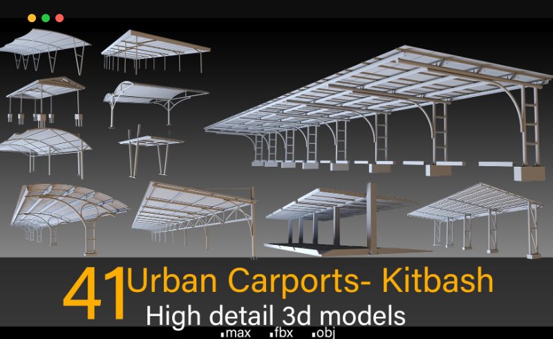 模型资产 – 41 组高细节车站车棚3 模型 Urban Carports- Kitbash- High detail 3d models