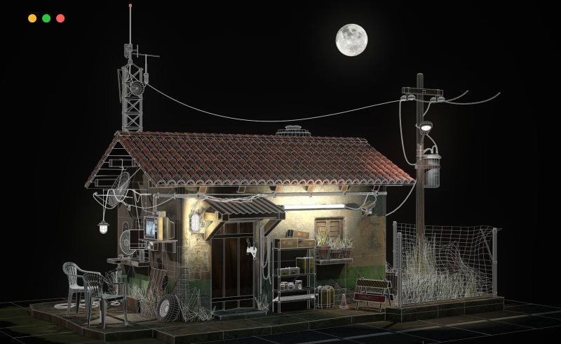 模型资产 – 夜晚的城市房屋3D模型 Night city street scene Low-poly 3D model