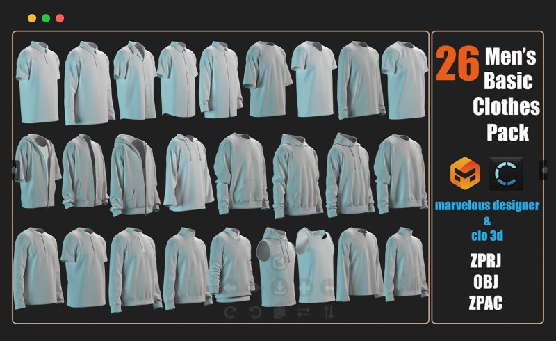 26 件男士服装包 Men’s Basic Clothes Pack Marvelous/Clo3D Project File