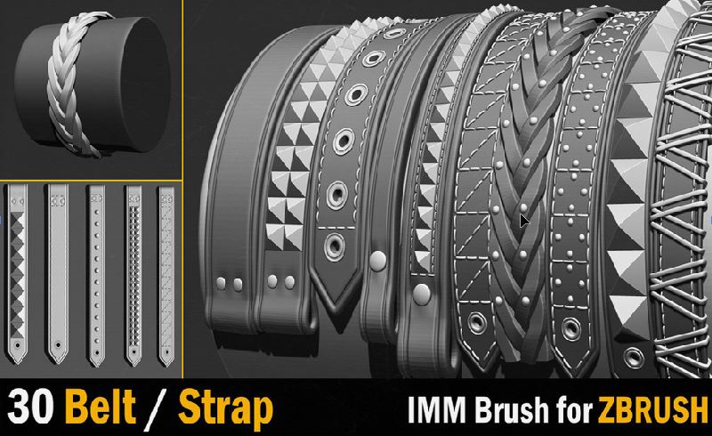 Zbrush笔刷 – 30 组皮带笔刷 30 IMM Belt / Strap Brush for Zbrush