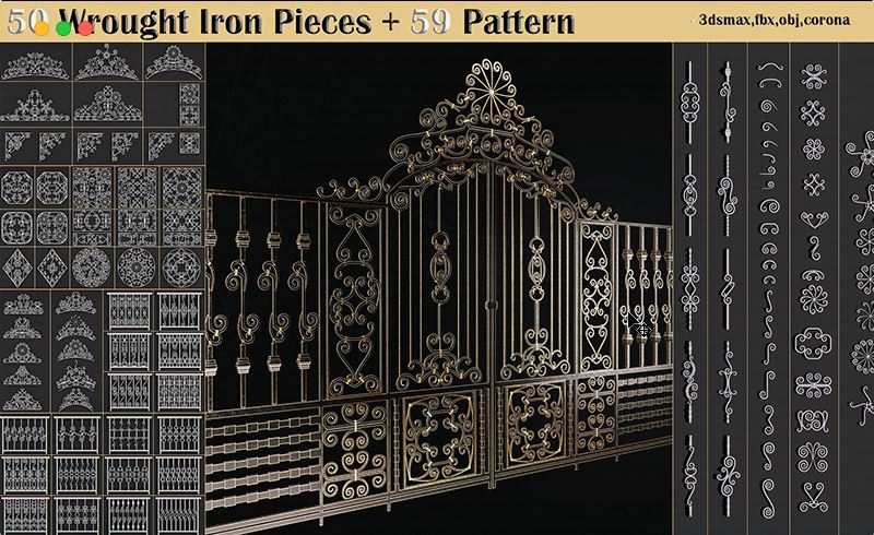 模型资产 – 50 组锻铁围栏 50 Wrought Iron Pieces