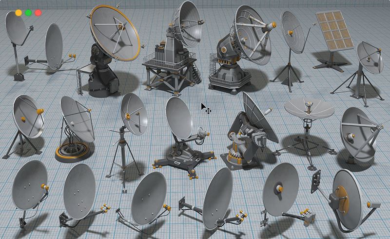 模型资产 – 21 组高细节天线雷达 21 high poly and middle poly textured antennas