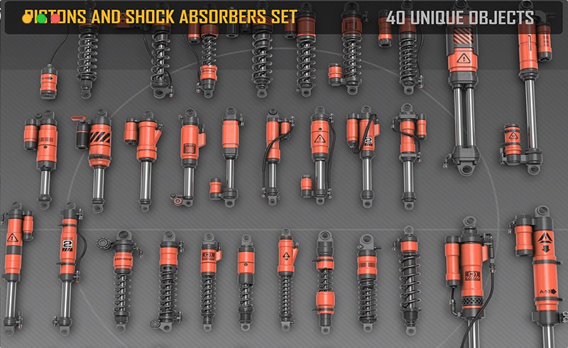 模型资产 – 减震器套件 Pistons and Shock Absorbers kitbash set