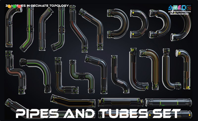 模型资产 – 30 组科幻管道 Pipes and Tubes set