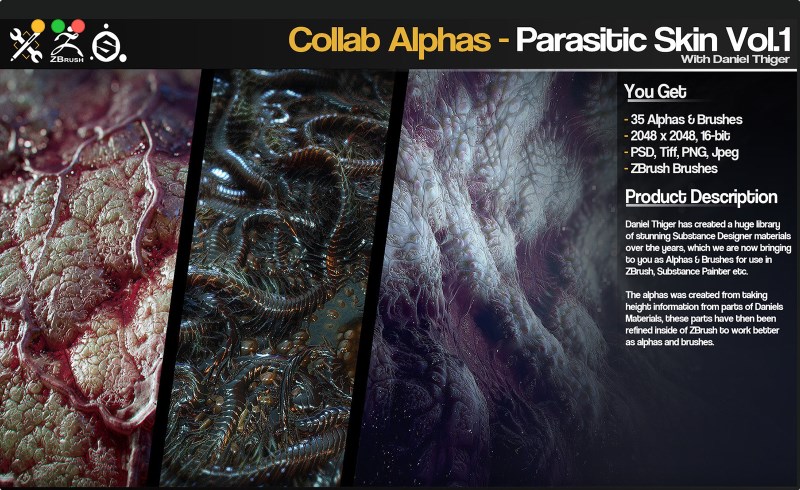 Zbrush笔刷 – 寄生虫生物笔刷 Collab Alphas – Parasitic Skin Vol.1