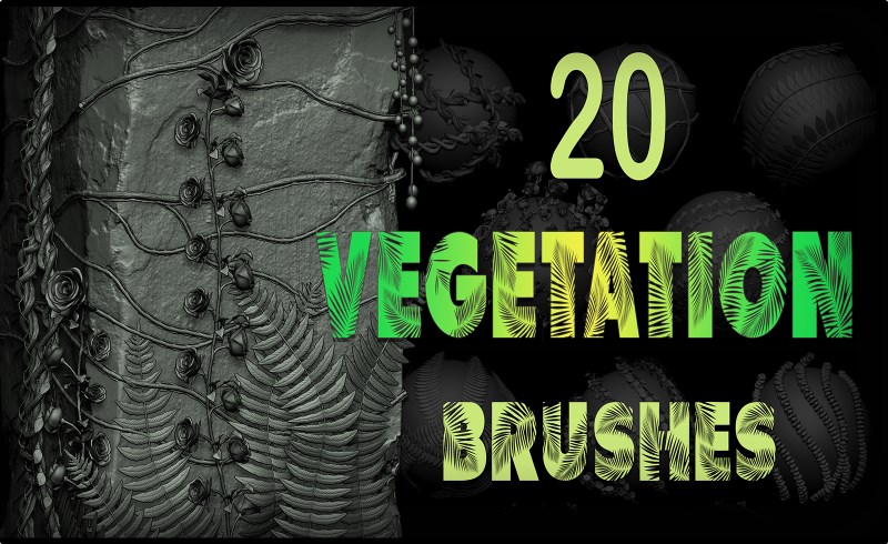 Zbrush笔刷 – 20 组植被笔刷 Vegetation Nature Brushes Pack