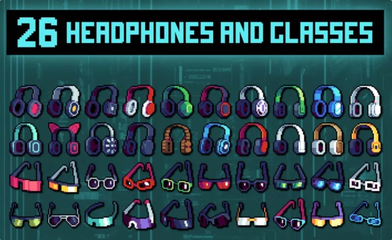 风格化像素图标集 Headphones and Glasses Pixel Icon Set