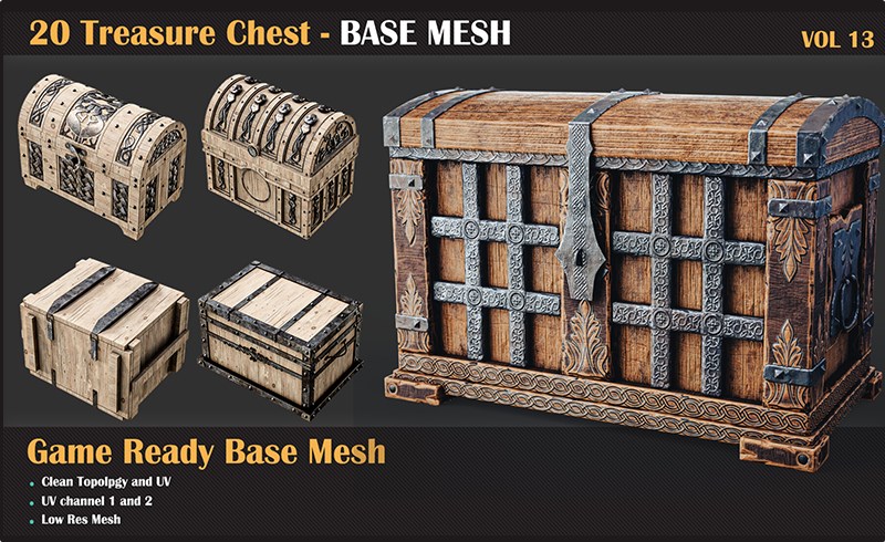 模型资产 – 20 组宝箱模型 Treasure Chest BASE MESH – VOL 13