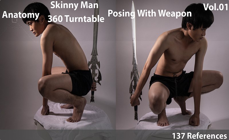 137 张手拿武器动态姿势参考图片 Skinny Man Posing With Weapon – Vol 1 – Reference Pictures