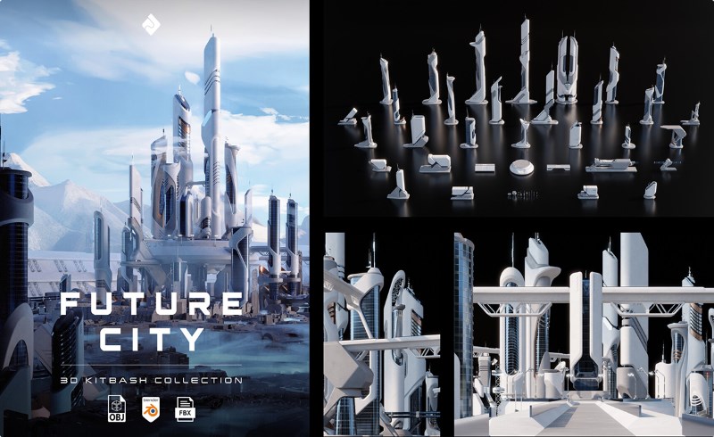 模型资产 – 未来派摩天大楼建筑模型 Future City – Futuristic Skyscrapers, Buildings & Environment 3D Asset Kitbash Pack