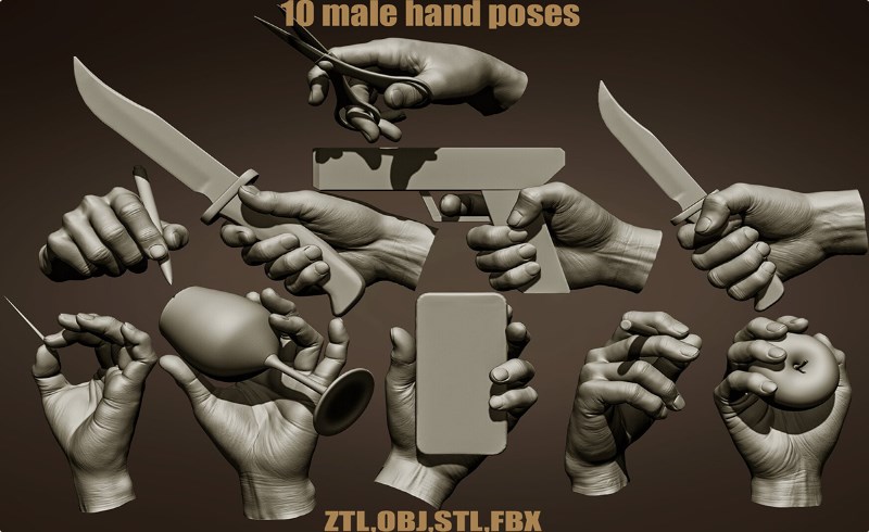模型资产 – 10 组男性手部姿势模型 male hand poses