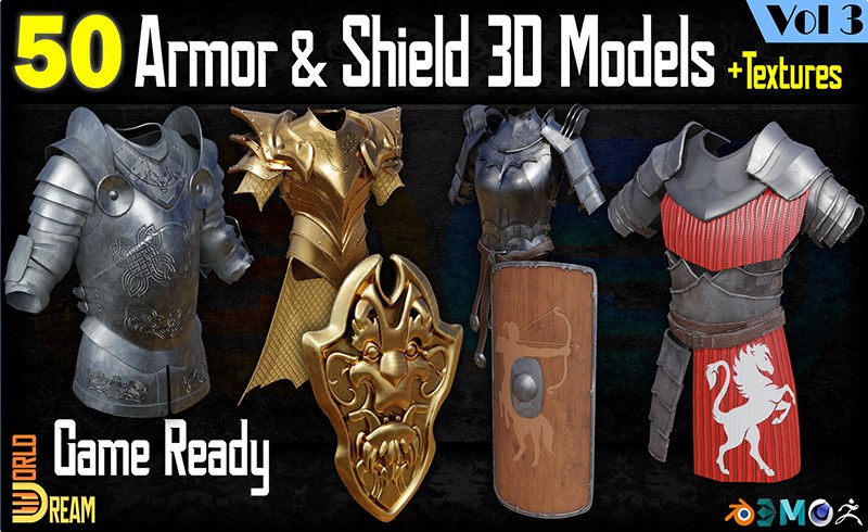 模型资产 – 50 组带纹理的盔甲盾牌模型 50 Armor and Shield 3D Models with Textures