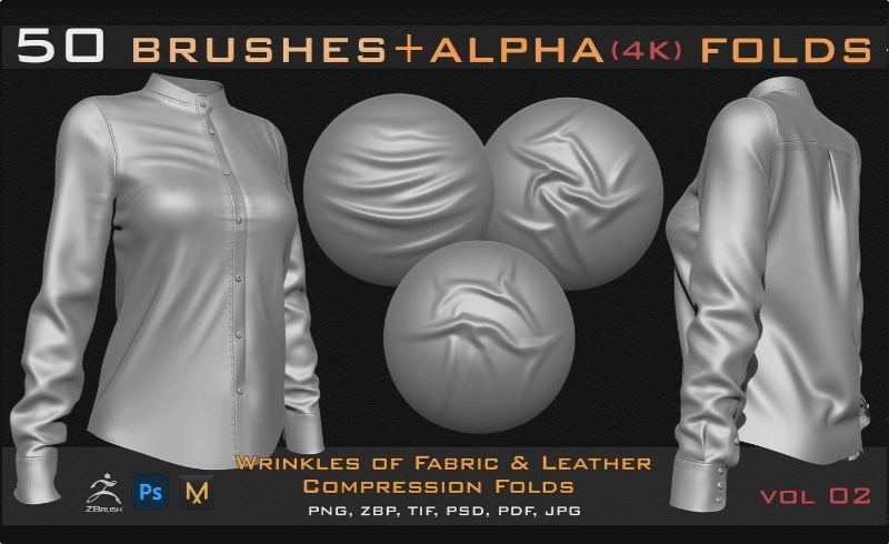 Zbrush笔刷 – 皮革的皱纹笔刷 50 ZBrush Brush + Alpha (4K ) ,Fabric and Leather Compression Folds- Vol 02