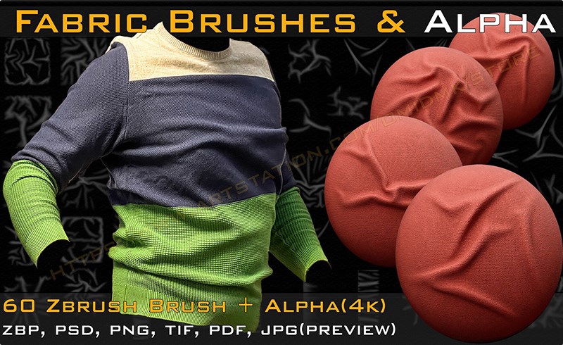 Zbrush笔刷 – 50 组织物和皮革拉伸褶皱笔刷 50 +10 Fabric & leather Brushes