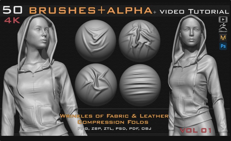 Zbrush笔刷 – 皮革的皱纹笔刷 50 ZBrush Brush + Alpha (4K ) ,Fabric and Leather Compression Folds- Vol 02