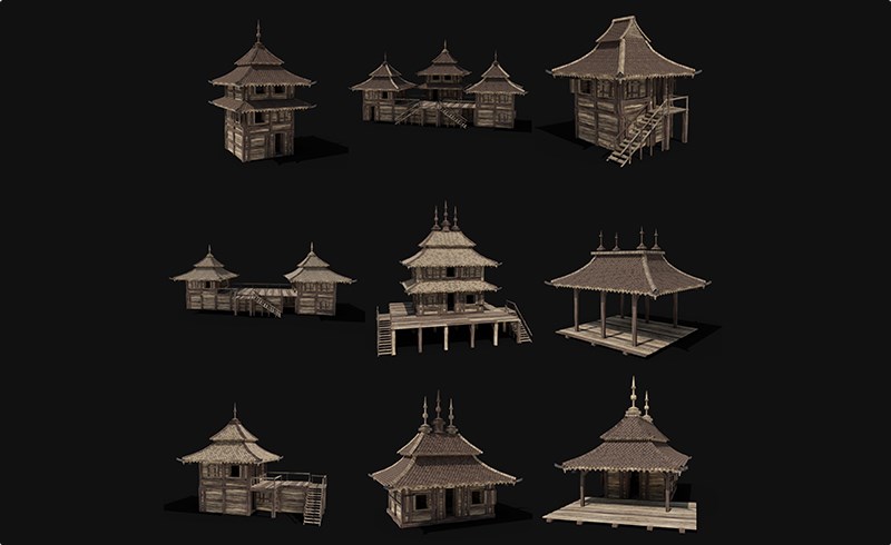 模型资产 – 日本封建道场茅屋建筑 FEUDAL JAPAN CHINESE HOUSE DOJO HUT SAMURAI NINJA COLLECTION AAA