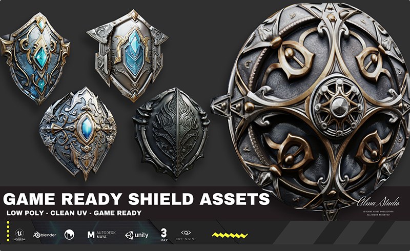 模型资产 – 50 组高细节盾牌模型资产 Alma Game Ready Shield Assets