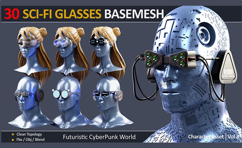 模型资产 – 30 组赛博朋克科幻眼镜 BASEMESH 30 SCI-FI GLASSES BASEMESH