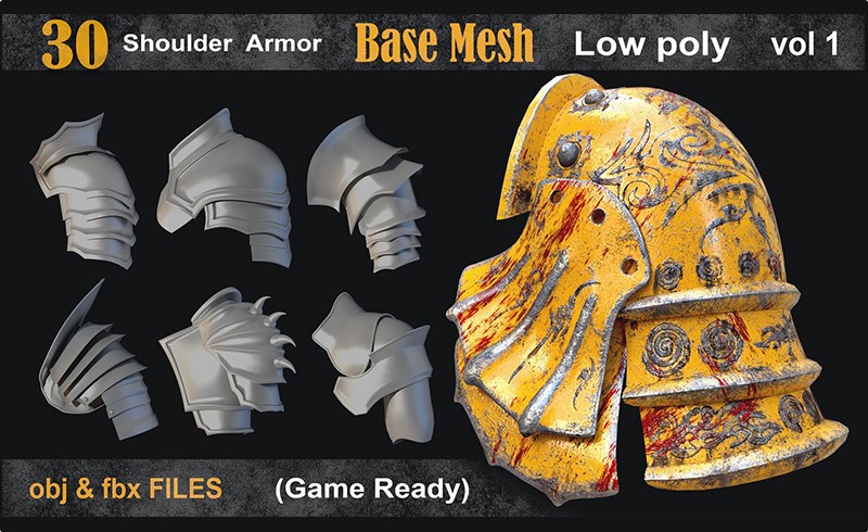 模型资产 – 30 组肩部护甲模型 30 shoulder armor basemesh vol01